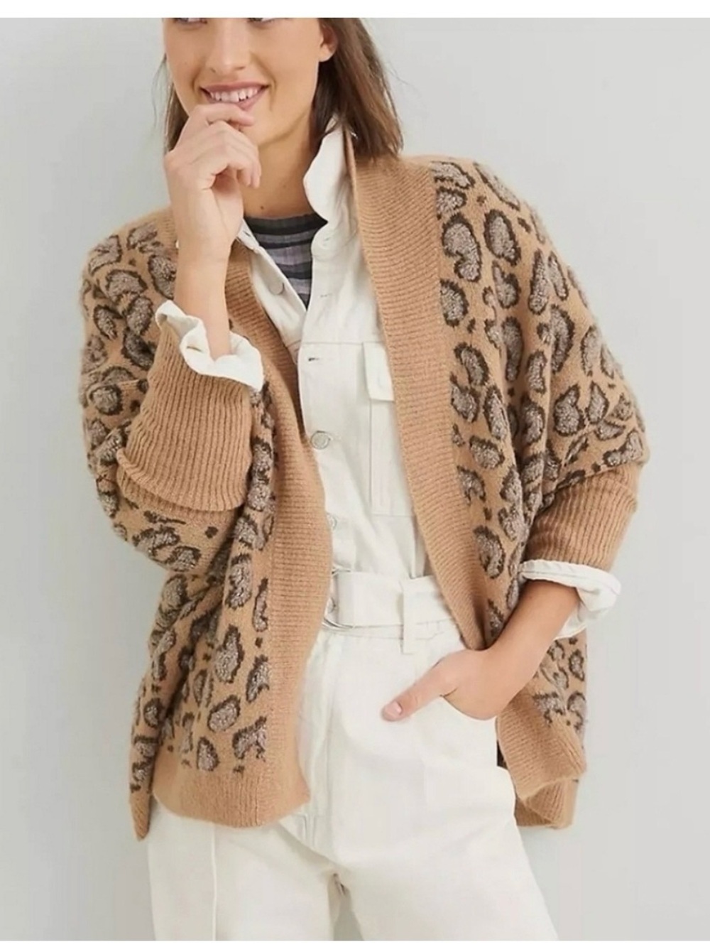 Anthropologie Akemi + Kin Hadley Cropped Knit Kimono Sweater Animal Print Sz OS